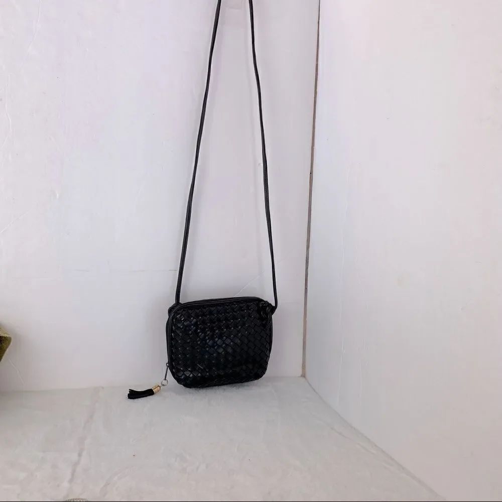 Saks Fifth Avenue Black Woven Faux Leather Crossbody Purse